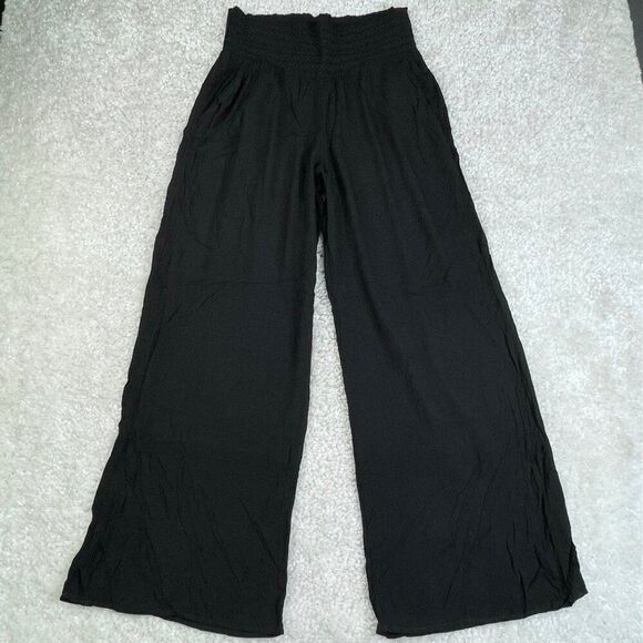 American Eagle High Waisted Crinkle Gauze Wide Leg Pant Black - Picture 2 of 8